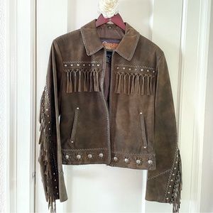 Cripple Creek Women's Brown Silver Studded & Fringed Genuine Leather Jacket